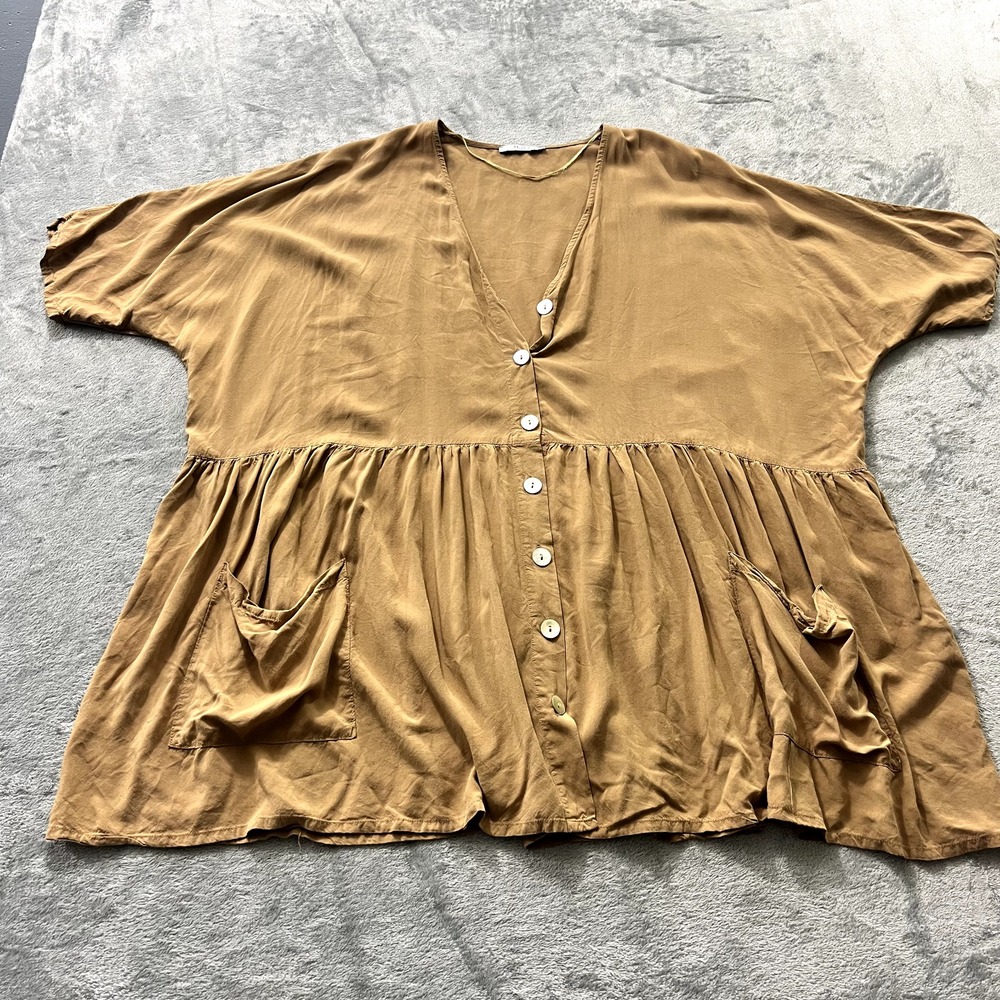 Muse Womens Large Lagenlook Babydoll Shirt Button Up Short Sleeve Pockets Brown